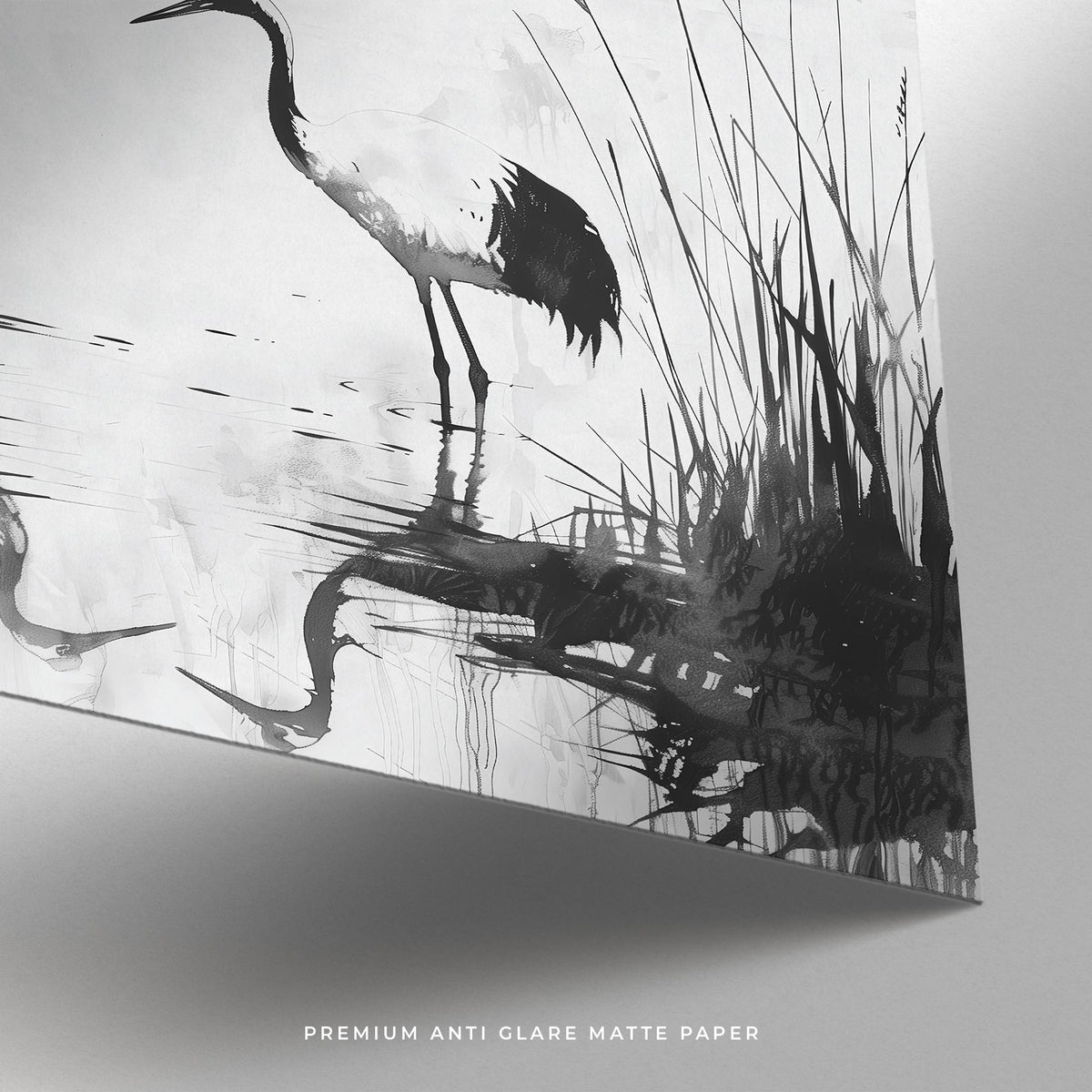 Japanese-style crane art with reflections and reeds, minimalist bird print.