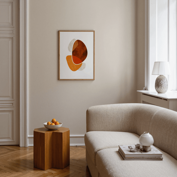 Minimal abstract poster showing overlapping ovals and curved blocks