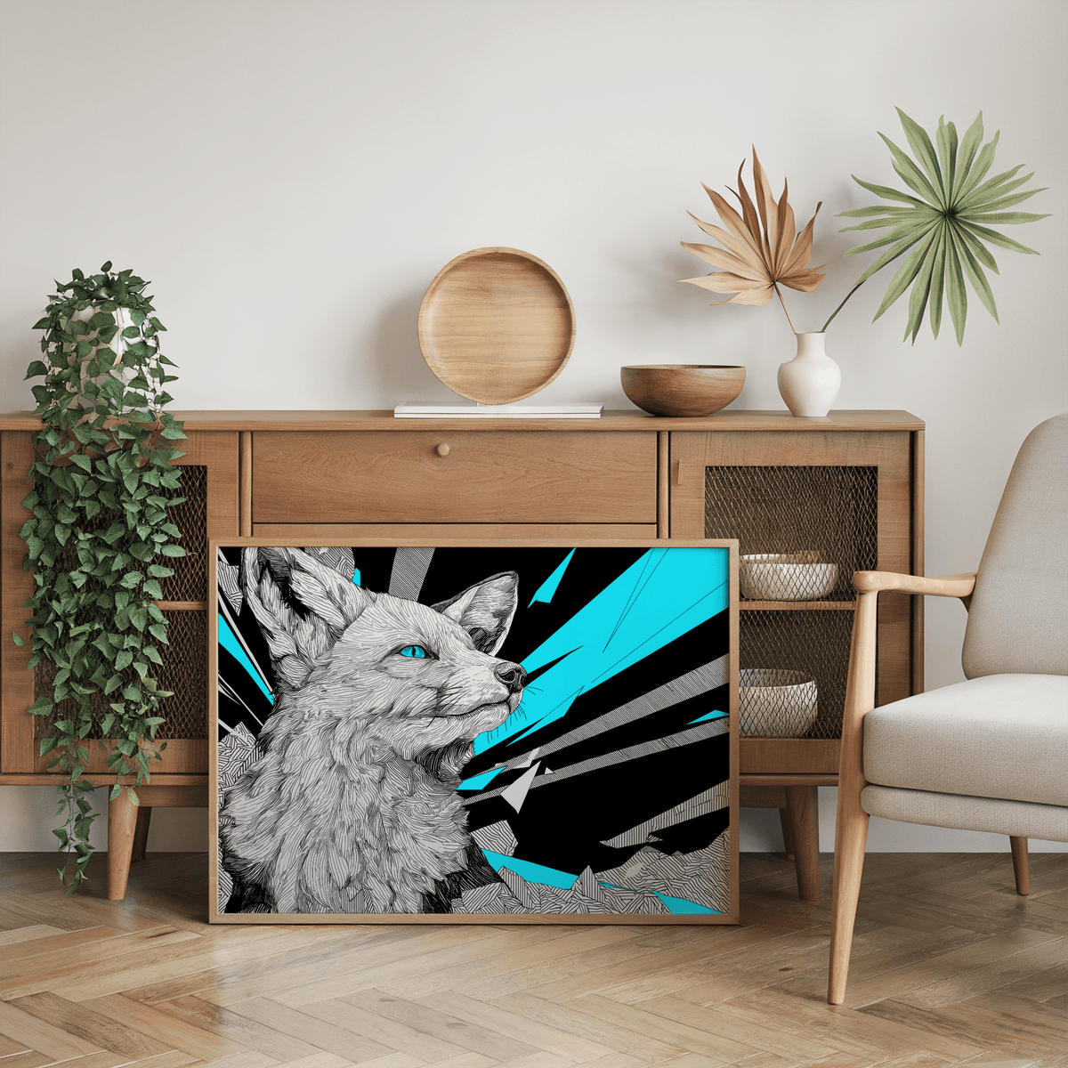 Retro Fox Art Print with striking Blue and Gray palette for hallway
