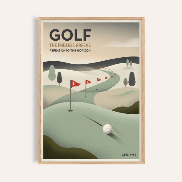 Golf course poster with winding fairway, numbered red flags, and golf ball foreground