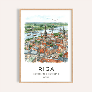 Riga City Art Print with illustrated skyline, river, and cable-stayed bridge