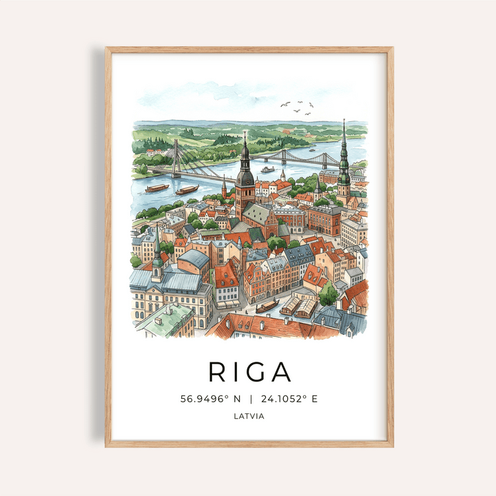 Riga City Art Print with illustrated skyline, river, and cable-stayed bridge