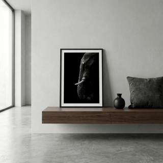 Monochrome elephant portrait poster with generous negative space