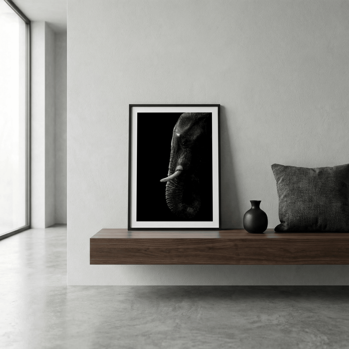 Monochrome elephant portrait poster with generous negative space