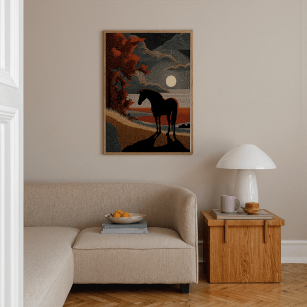 Graphic full moon scene featuring bold horse outline and distant tree