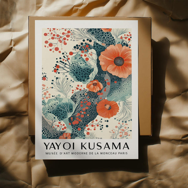 Artistic orange and teal wall art inspired by Kusama’s pattern-based style