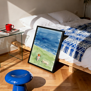 Close-up wall art print detail of wave highlights and horizon in a painterly seaside scene