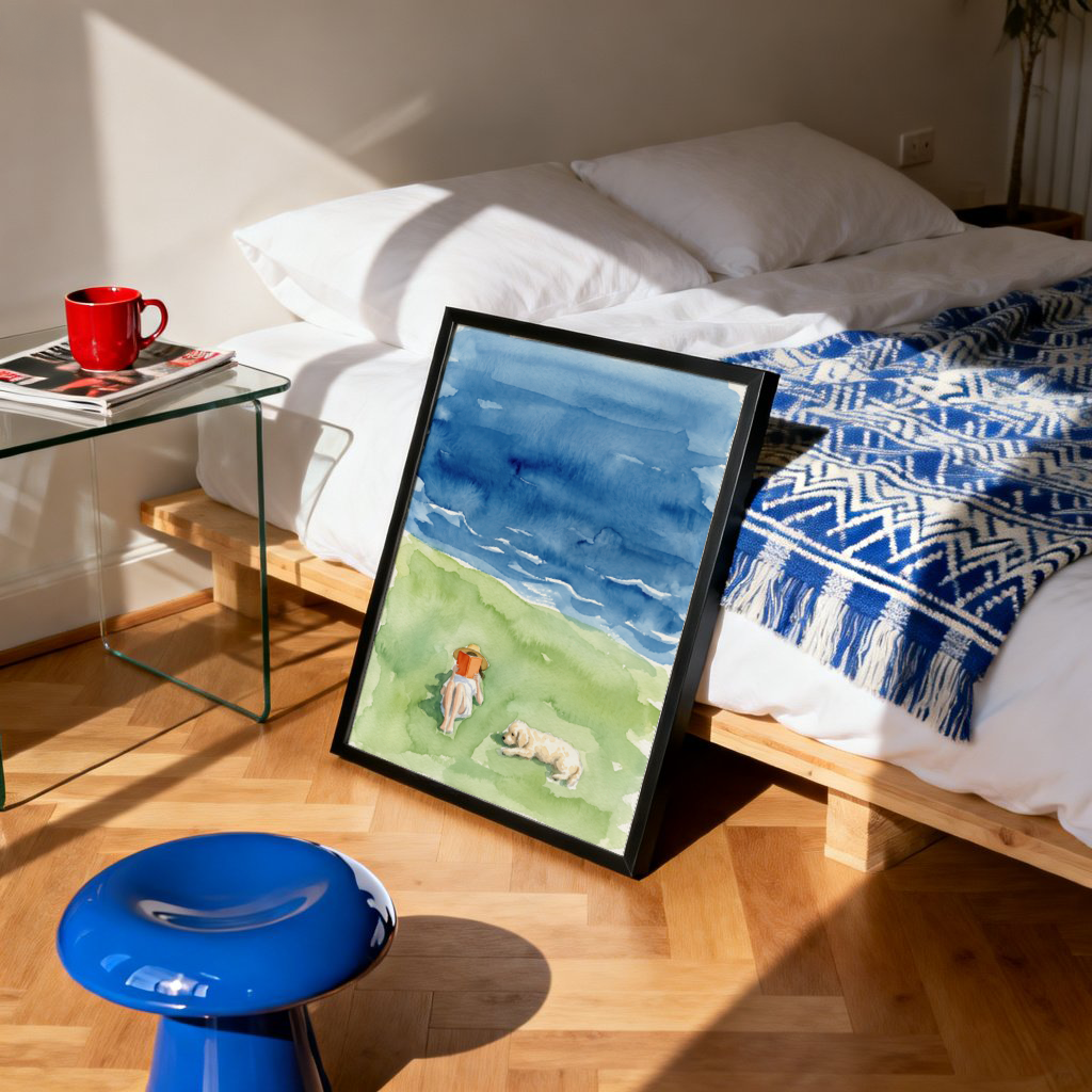 Close-up wall art print detail of wave highlights and horizon in a painterly seaside scene