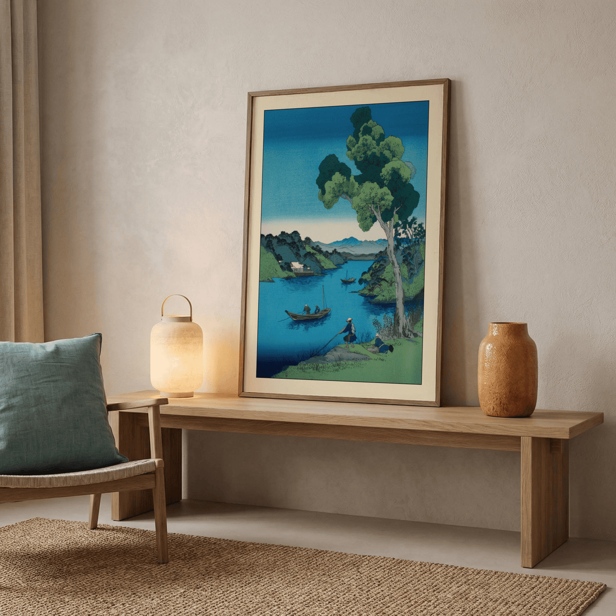 Quiet inlet wall art print with right-side towering tree