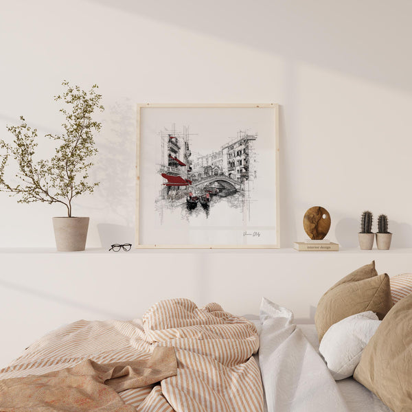 Square illustration wall art of Venice Italy historic architecture