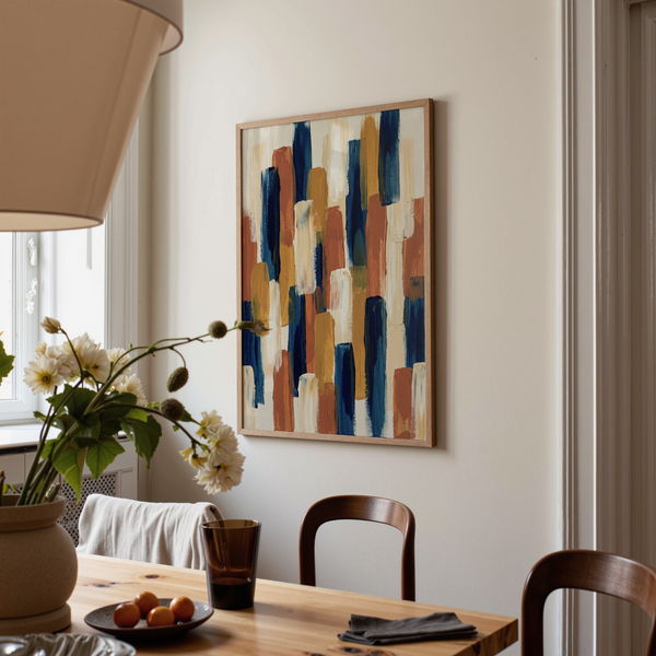 Abstract Color Blocks print with Blue, Orange, Beige, and Brown accents for lounge