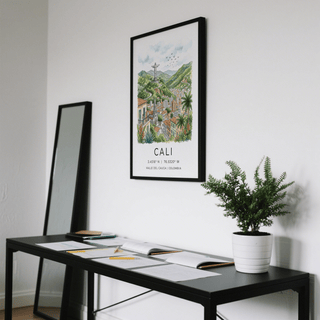 Watercolor-style travel poster print of Cali with hilltop statue and birds