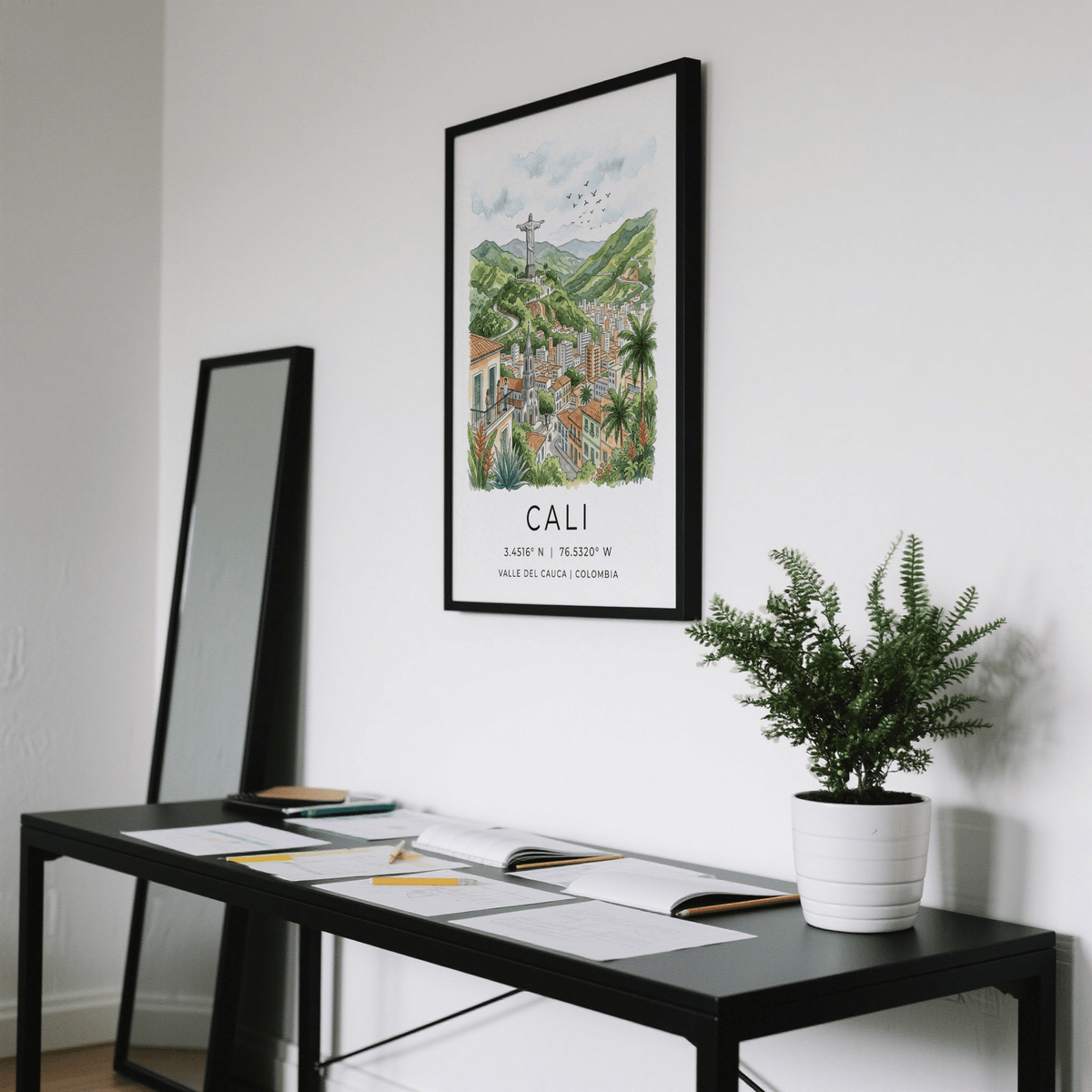Watercolor-style travel poster print of Cali with hilltop statue and birds