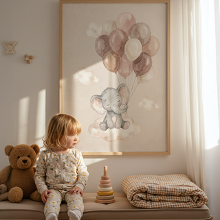 Soft watercolor elephant wall art with balloon cluster above a seated elephant