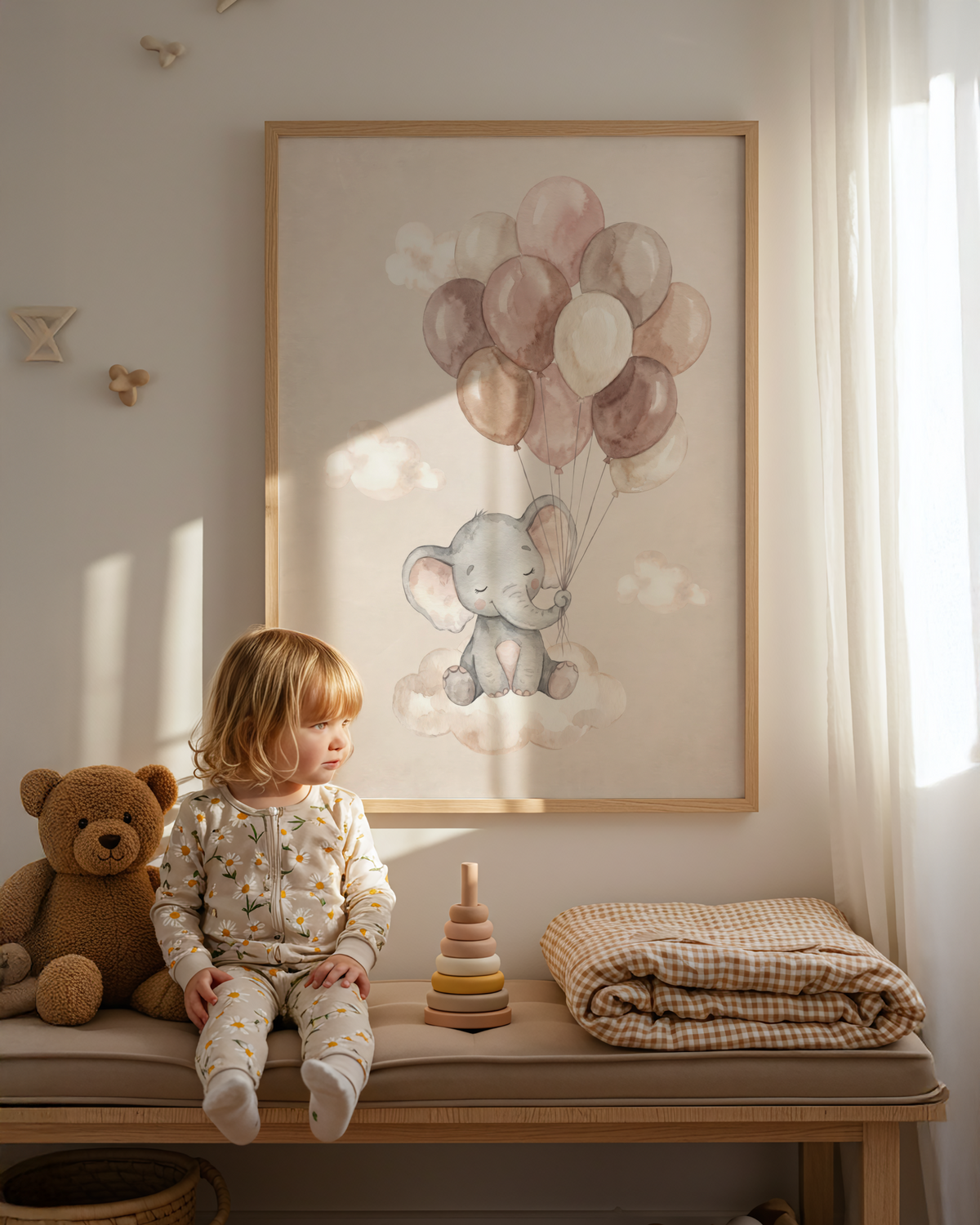 Soft watercolor elephant wall art with balloon cluster above a seated elephant