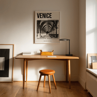 Venetian Gothic Wall Art poster with “VENICE” title and arched colonnade photo