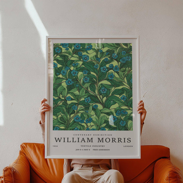 Botanical print with green leaves and blue flowers for living room wall