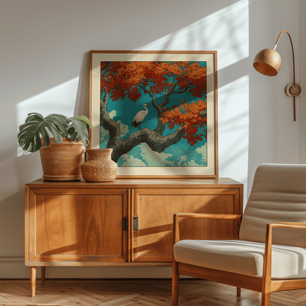 Bird wall poster with arched branch silhouette and open sky negative space