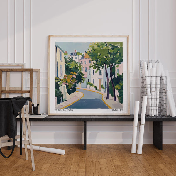 Pastel architecture and gentle brushstrokes in this Notting Hill Poster print.