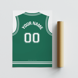 Graphic basketball jersey print with Boston Celtics text at bottom and large 00 number