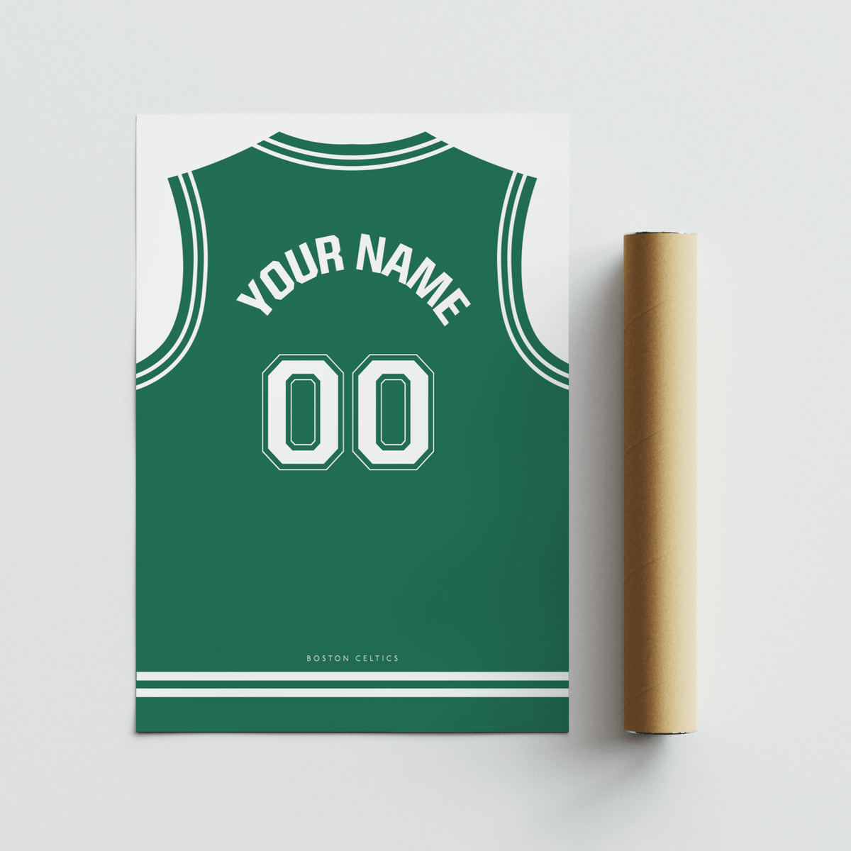 Graphic basketball jersey print with Boston Celtics text at bottom and large 00 number