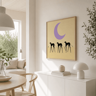 Modern Black Dog Art Print with three dog silhouettes under a crescent moon