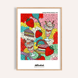 Vibrant pop art dessert poster with strawberries, cake slices, and ice cream sundaes