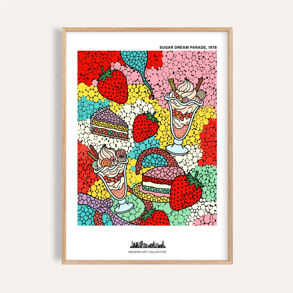 Vibrant pop art dessert poster with strawberries, cake slices, and ice cream sundaes