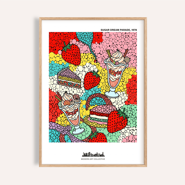 Vibrant pop art dessert poster with strawberries, cake slices, and ice cream sundaes