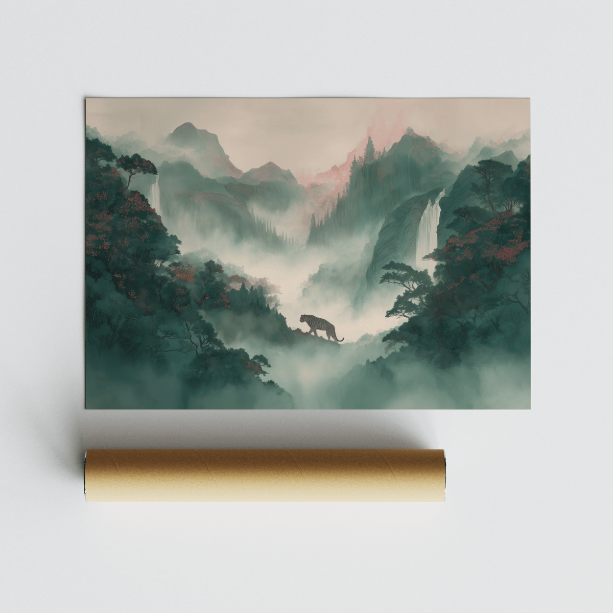 Green and pink Tiger Landscape Wall Art for serene entryway wall art print