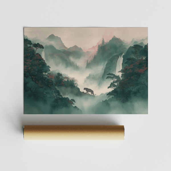 Green and pink Tiger Landscape Wall Art for serene entryway wall art print