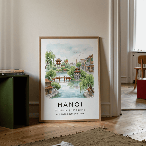 Detailed Hanoi Landscape Wall Art poster with birds over rooftops and lake