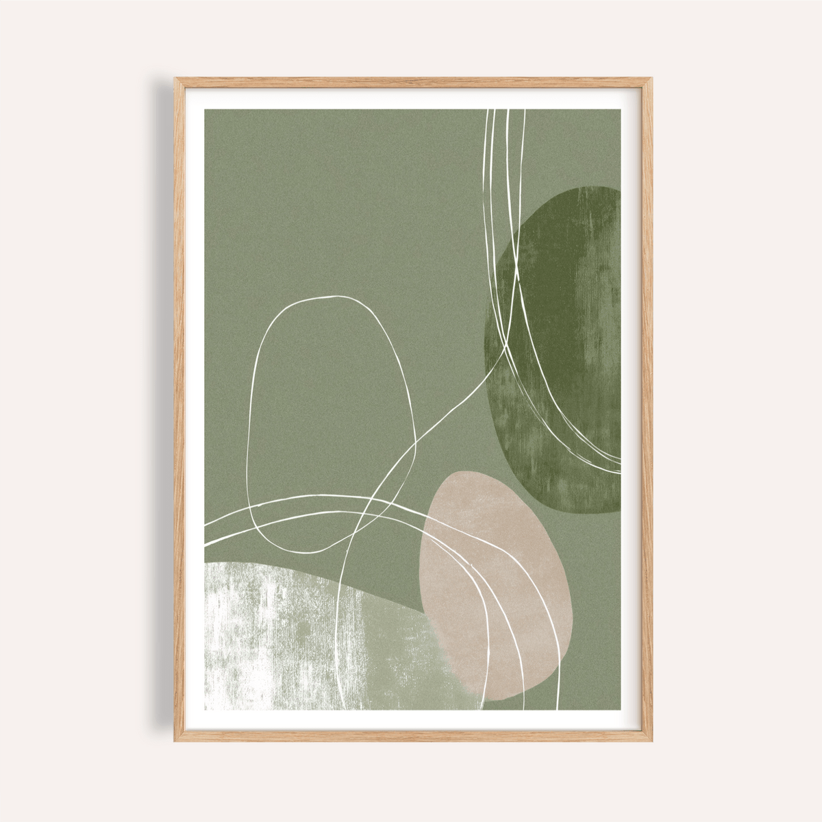 Abstract curves wall art poster with looping white lines over green shapes