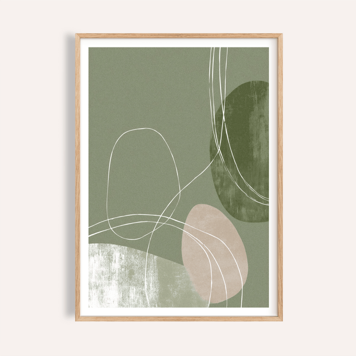 Abstract curves wall art poster with looping white lines over green shapes