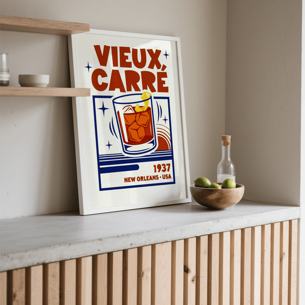New Orleans Cocktail Print, ideal for living room wall art in blue