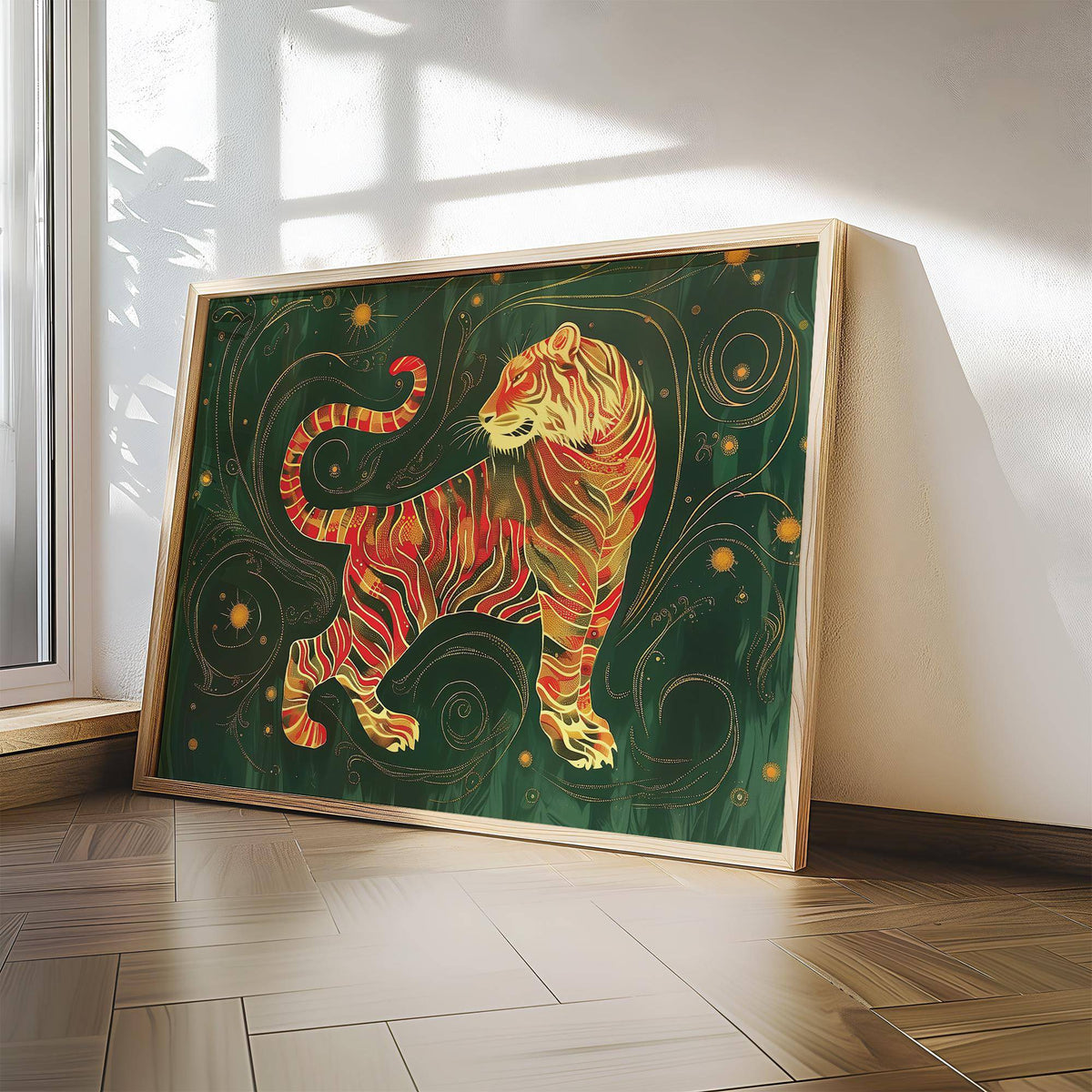 Modern oriental wall art with intricate gold patterns
