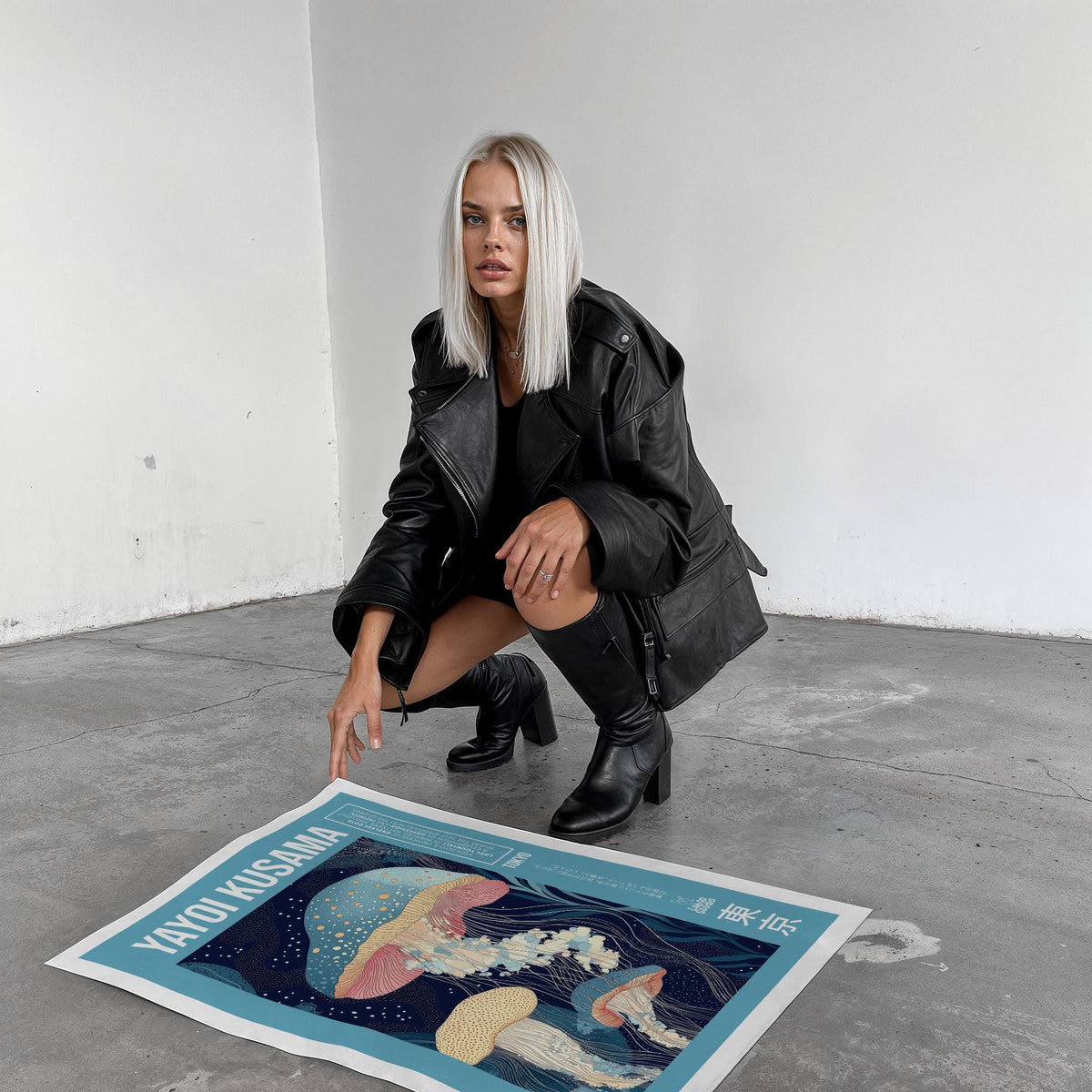 Unique art prints with jellyfish surrounded by dots and ocean patterns.