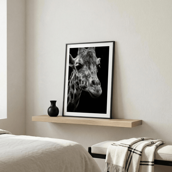 Giraffe Photography Poster highlighting giraffe neck pattern and muzzle texture