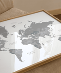 World Map Art print for classroom wall, Gray and White palette