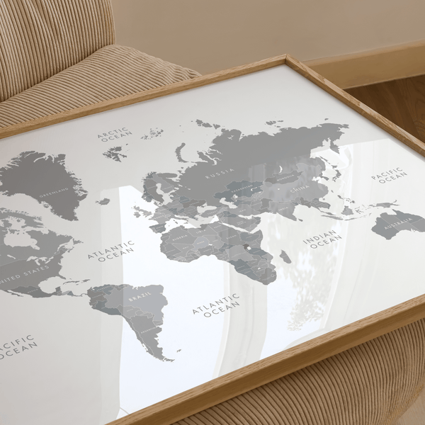 World Map Art print for classroom wall, Gray and White palette