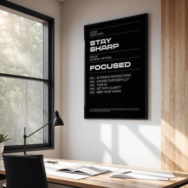 Stay Focused Poster ideal for students, entrepreneurs, and professionals.