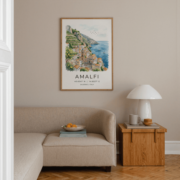 Watercolor illustration of Italian seaside houses cascading down cliffs