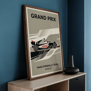 Centered Formula 1 car poster with HAAS FORMULA 1 TEAM text and bold typography