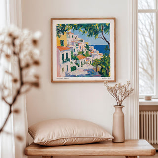 Painterly view of Positano with terracotta roofs and vibrant green trees in Positano Art.