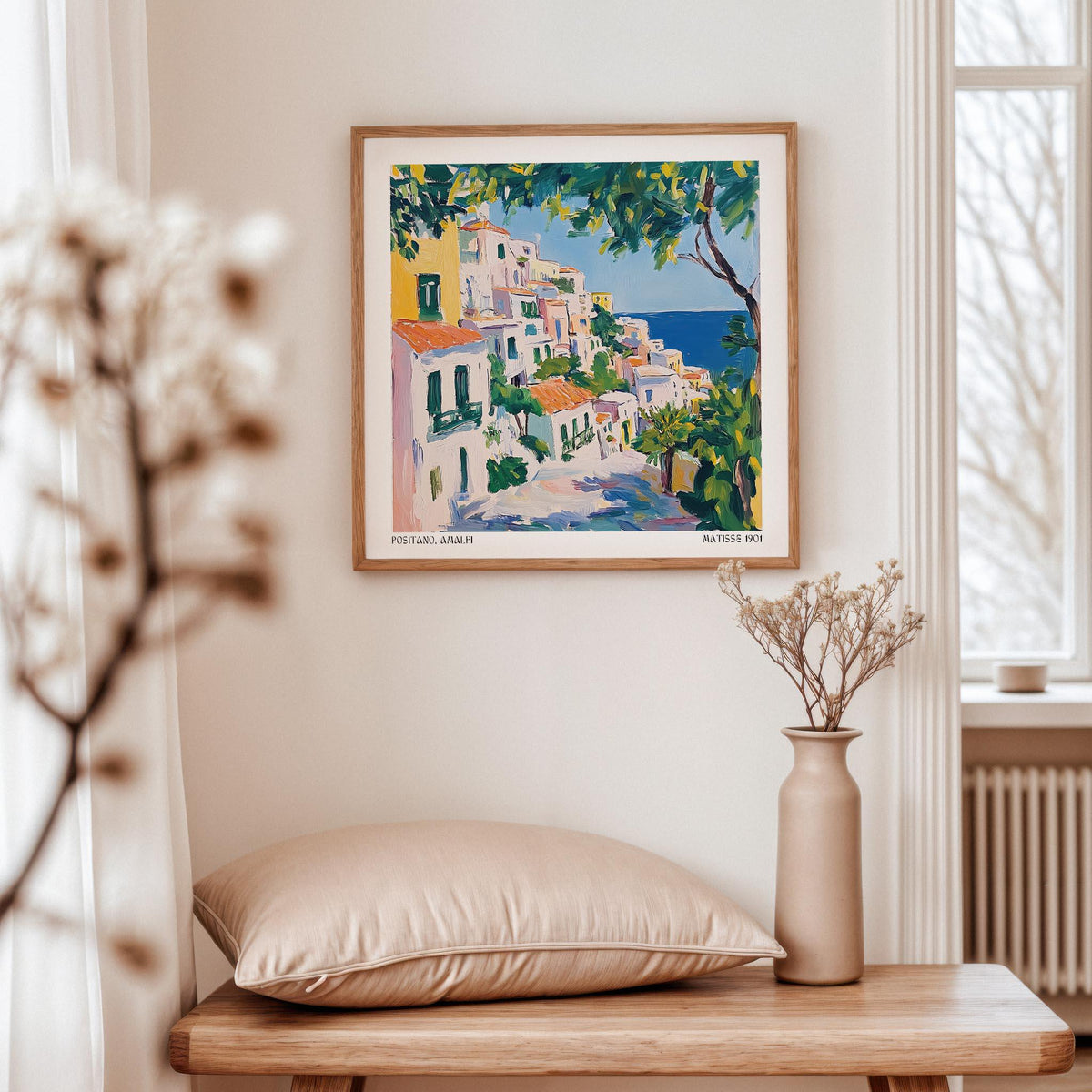 Painterly view of Positano with terracotta roofs and vibrant green trees in Positano Art.