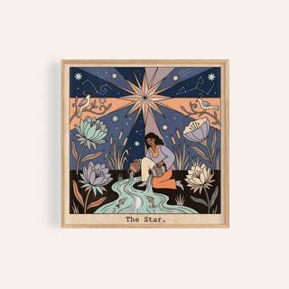 Radiant star tarot wall art print with kneeling figure pouring water and constellations