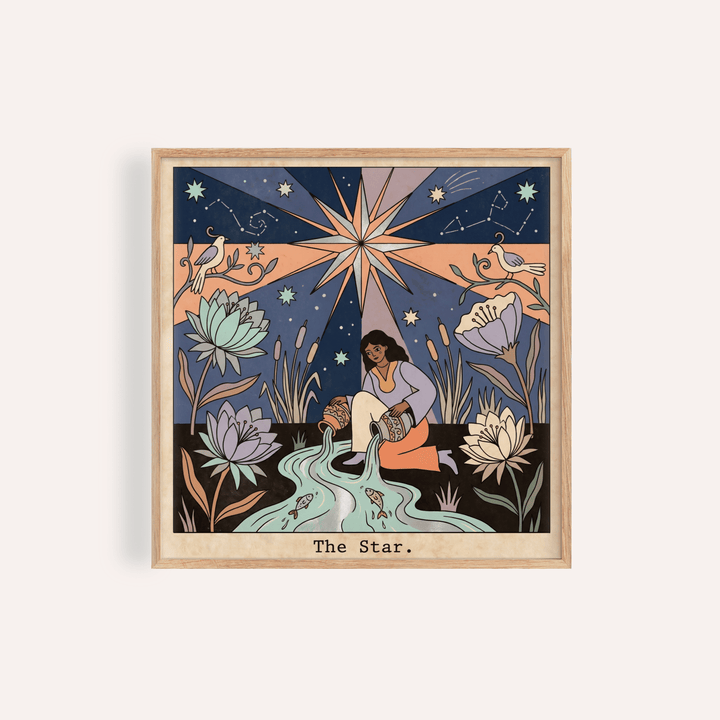 Radiant star tarot wall art print with kneeling figure pouring water and constellations