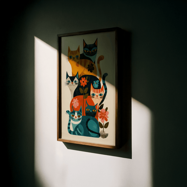 Whimsical Colorful Cat Wall Art, multicolored, suits hallway wall art needs