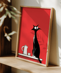 Whimsical Cat Wall Art modern living room poster, red background, black cat design