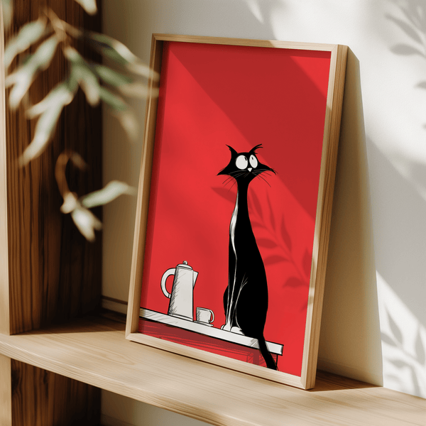 Whimsical Cat Wall Art modern living room poster, red background, black cat design